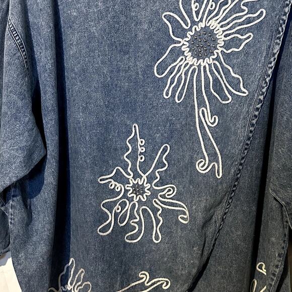 Vintage Blue Creek Jeans Embroidered Lagenlook Artsy 3/4 Wrap Denim Top 90s Y2K - Picture 2 of 7